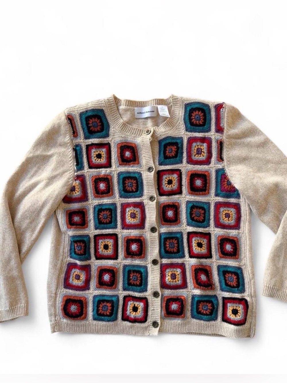 Alfred Dunner Cream Cardigan with Multicolor Crochet Squares